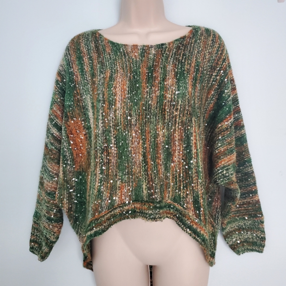EUC Santoori Green & Tan Sequin Oversized Sweater